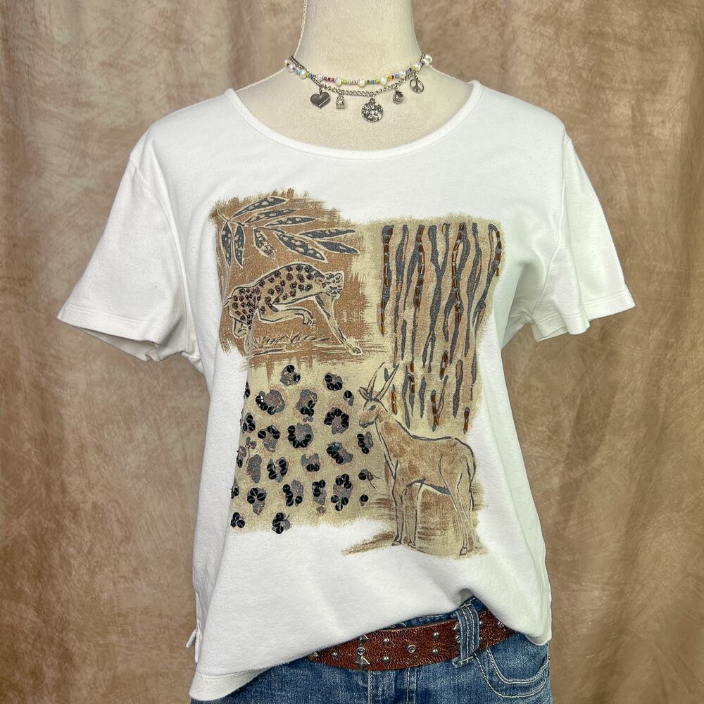 Wildlife Animal Graphic Tee Cheetah Giselle Art Beaded Sequin Vintage 90s Boho